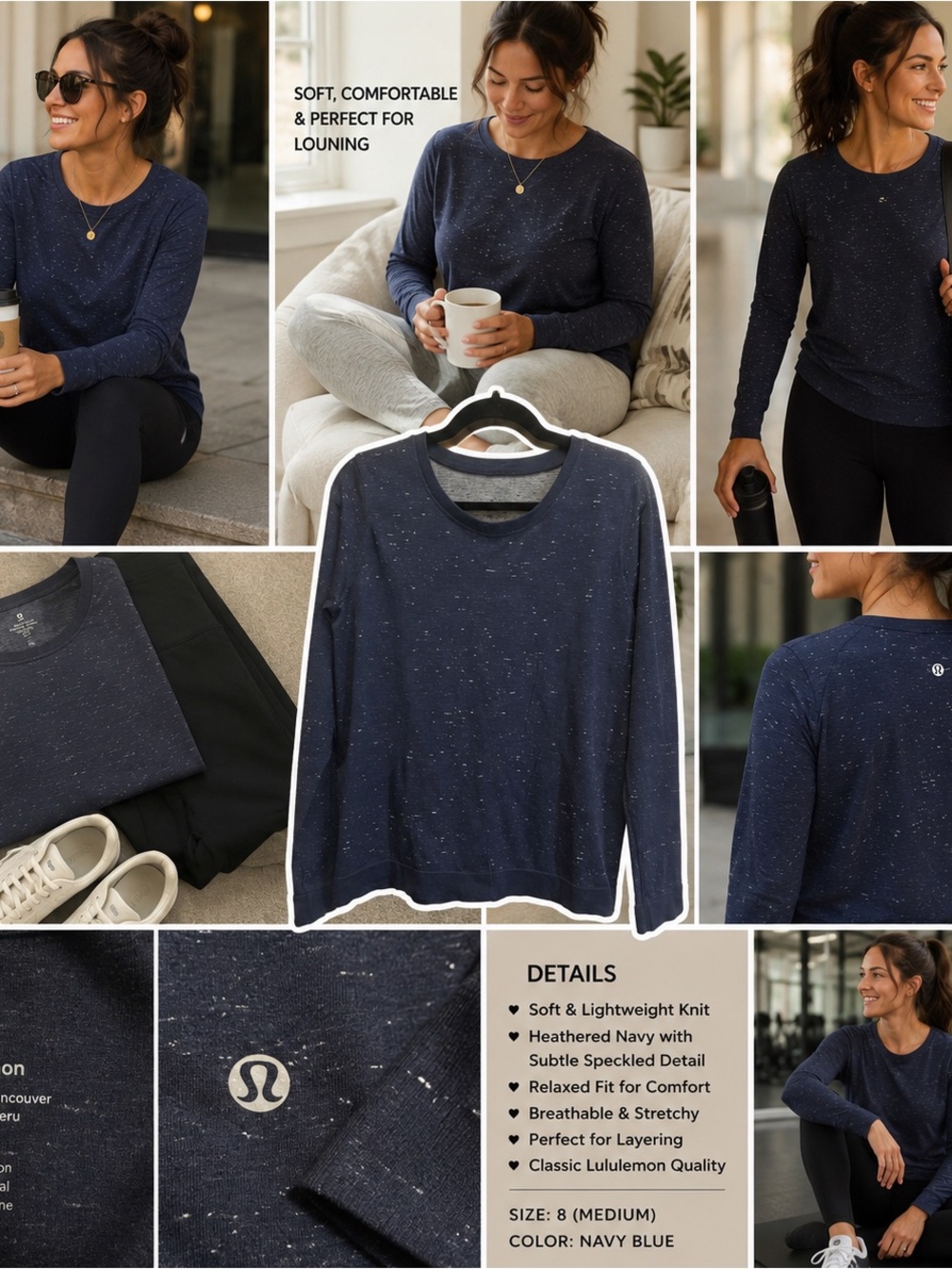 Lululemon Shirt 8 Medium Navy Blue Heathered Athleisure Soft Yoga Lounge Pilates